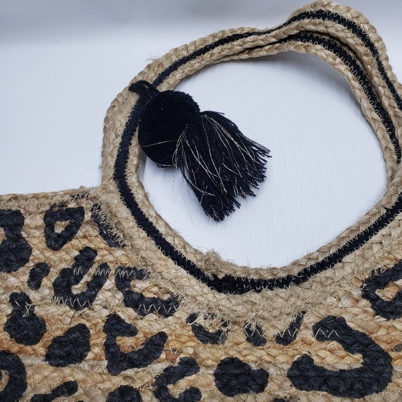 America & Beyond Jute Leopard Print Tote Bag Large Tan Black - Picture 6 of 16